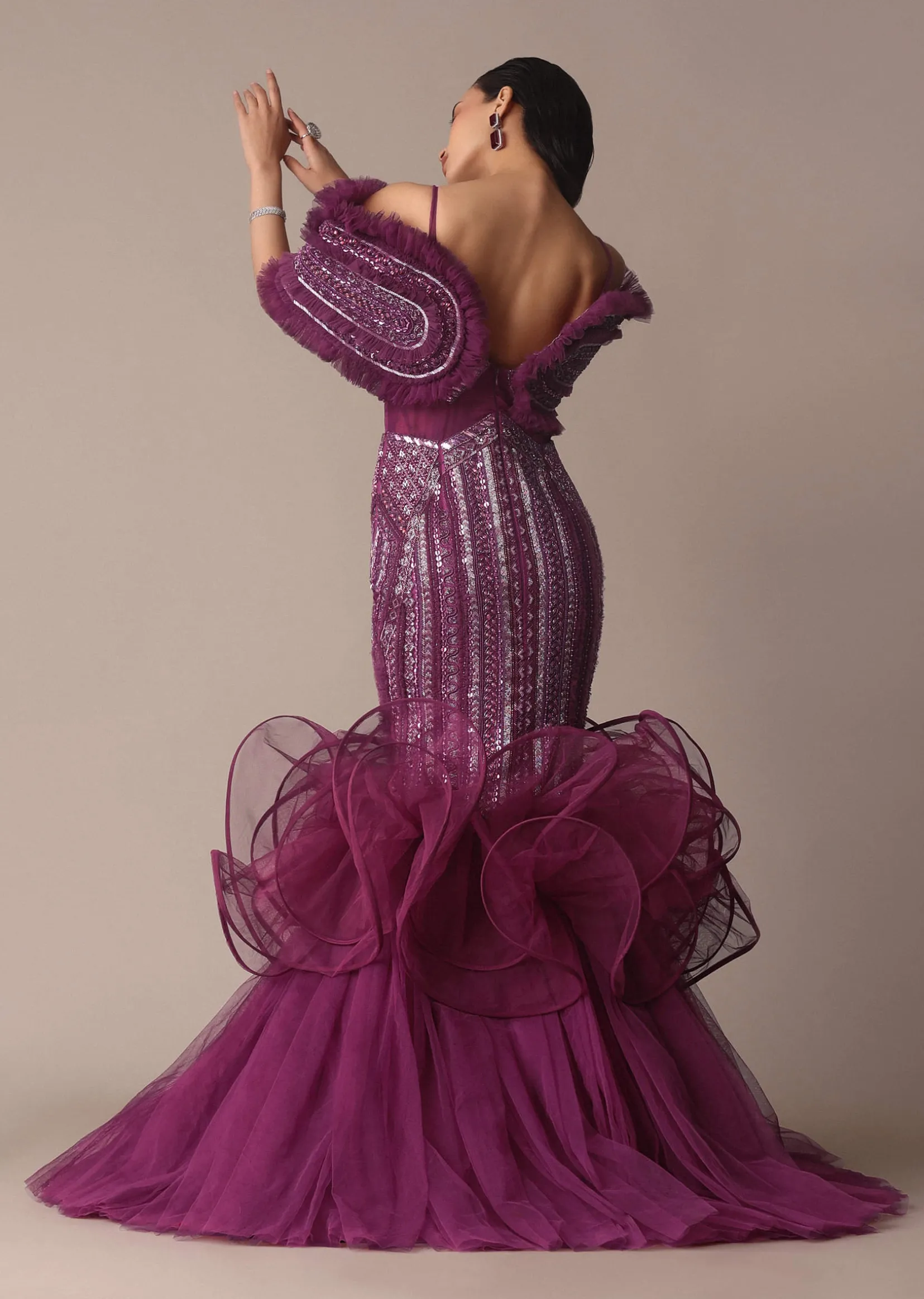 Deep Purple Organza Fish Cut Gown With 3D Ruffles