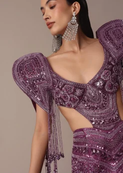 Deep Purple Organza Fishcut Gown With 3D Tassel Sleeves