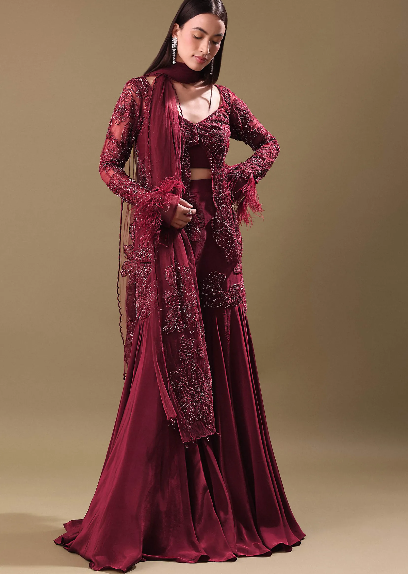 Deep Red Crepe Sharara And Blouse Set
