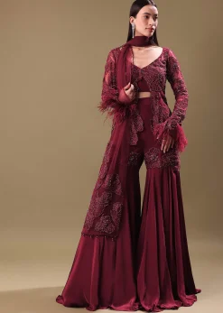 Deep Red Crepe Sharara And Blouse Set