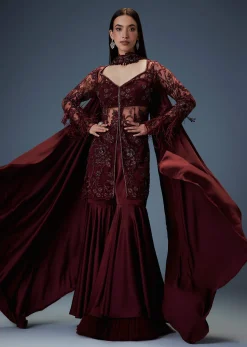Deep Red Satin Dual Layer Gathered Sharara With Feather Sleeves Jacket And Bustier