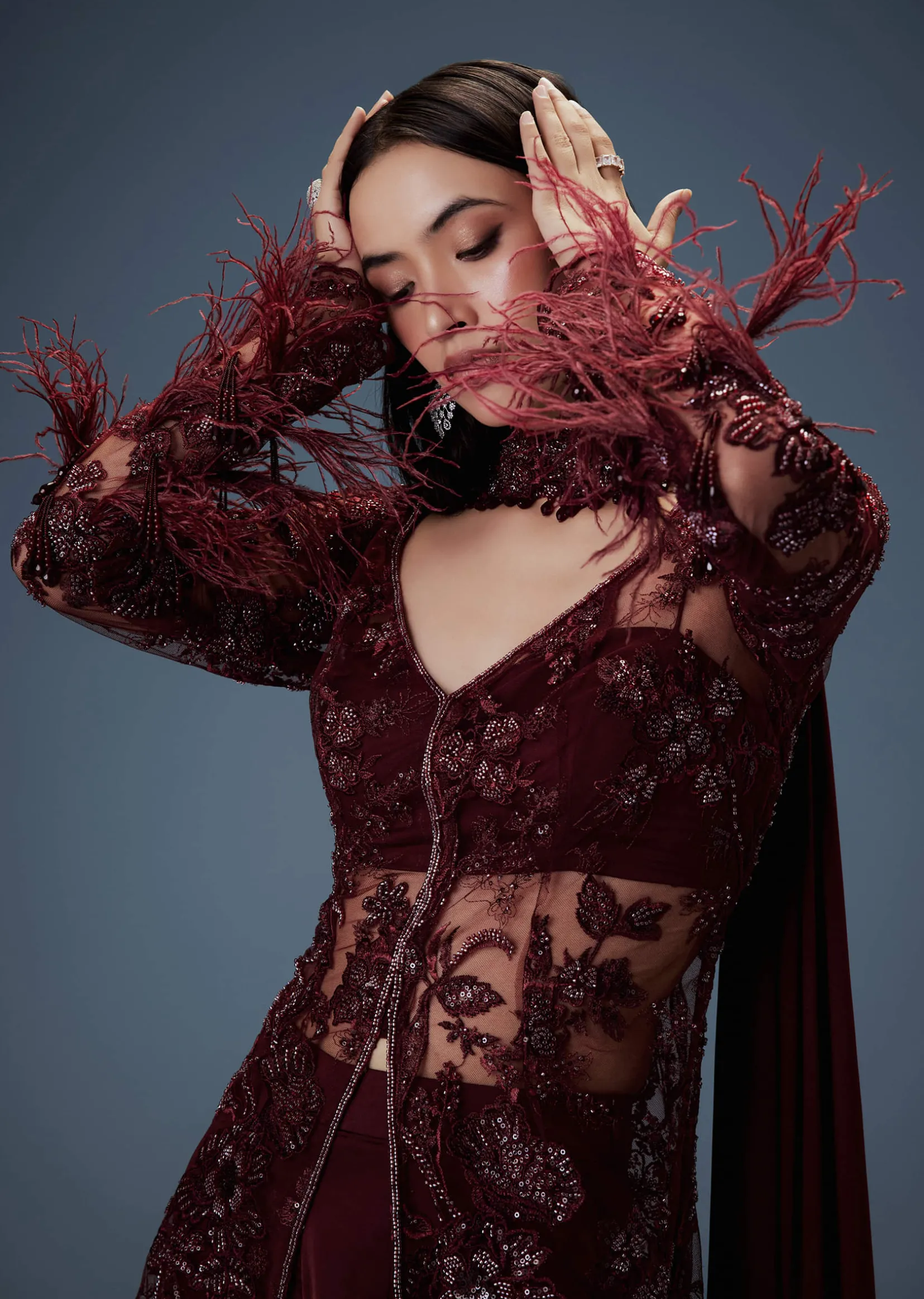 Deep Red Satin Dual Layer Gathered Sharara With Feather Sleeves Jacket And Bustier