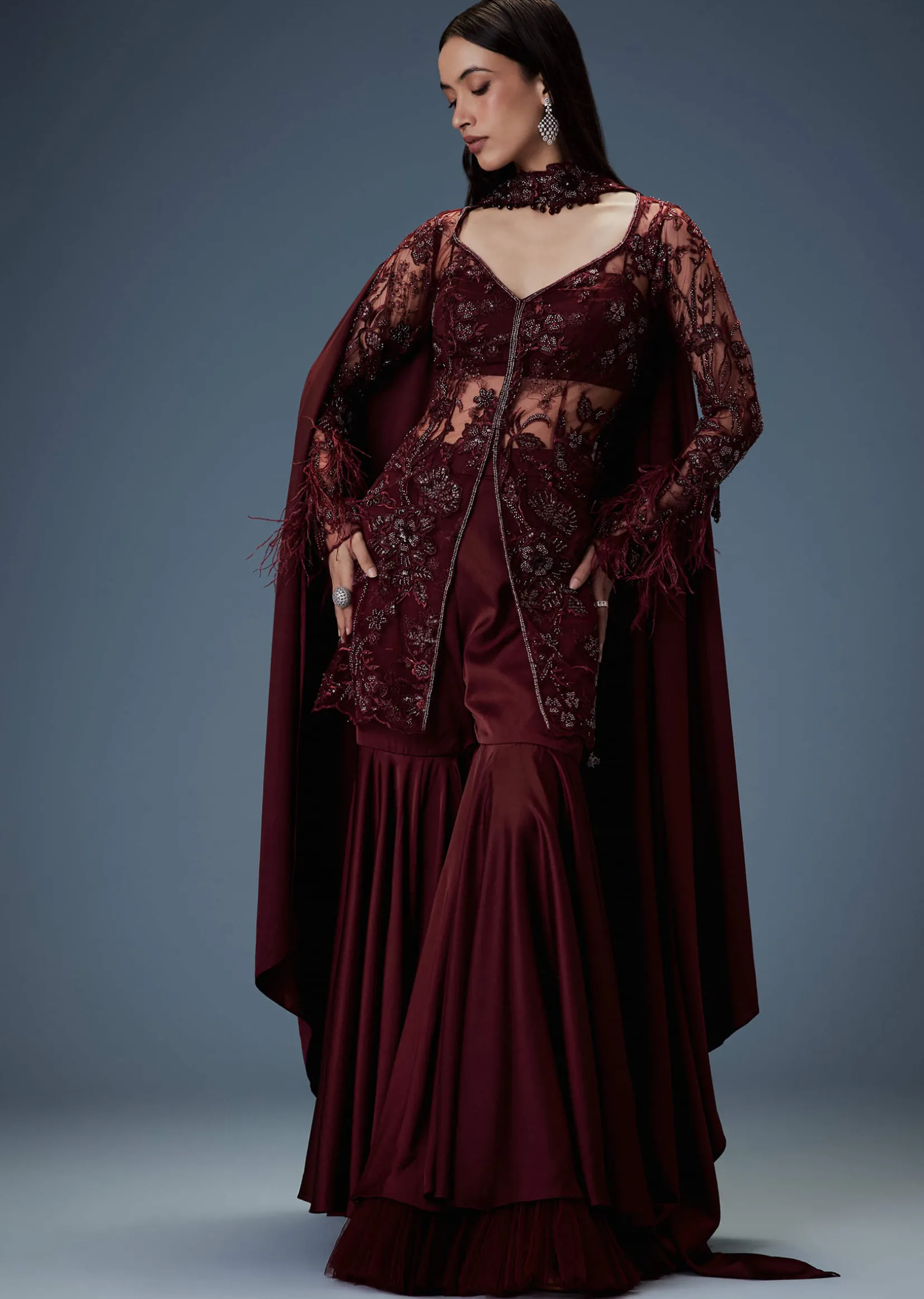 Deep Red Satin Dual Layer Gathered Sharara With Feather Sleeves Jacket And Bustier