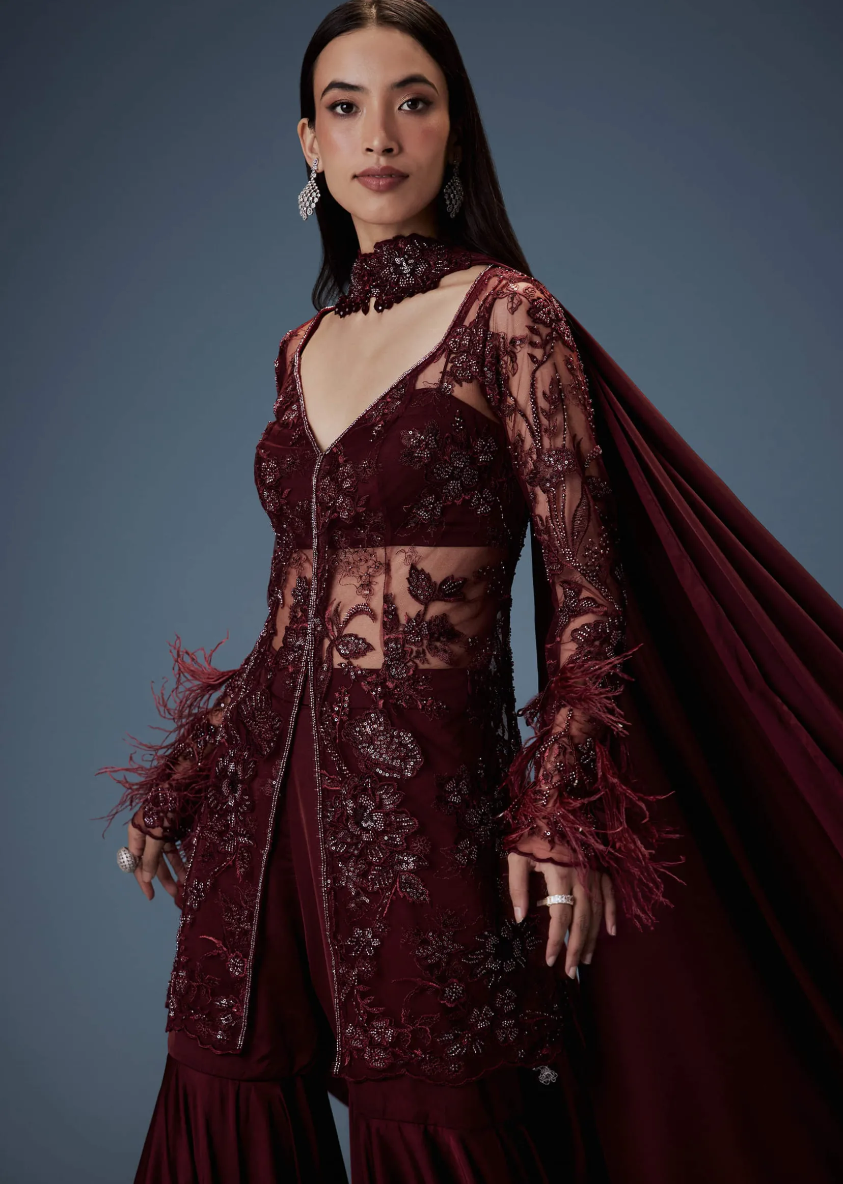 Deep Red Satin Dual Layer Gathered Sharara With Feather Sleeves Jacket And Bustier