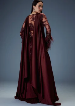 Deep Red Satin Dual Layer Gathered Sharara With Feather Sleeves Jacket And Bustier