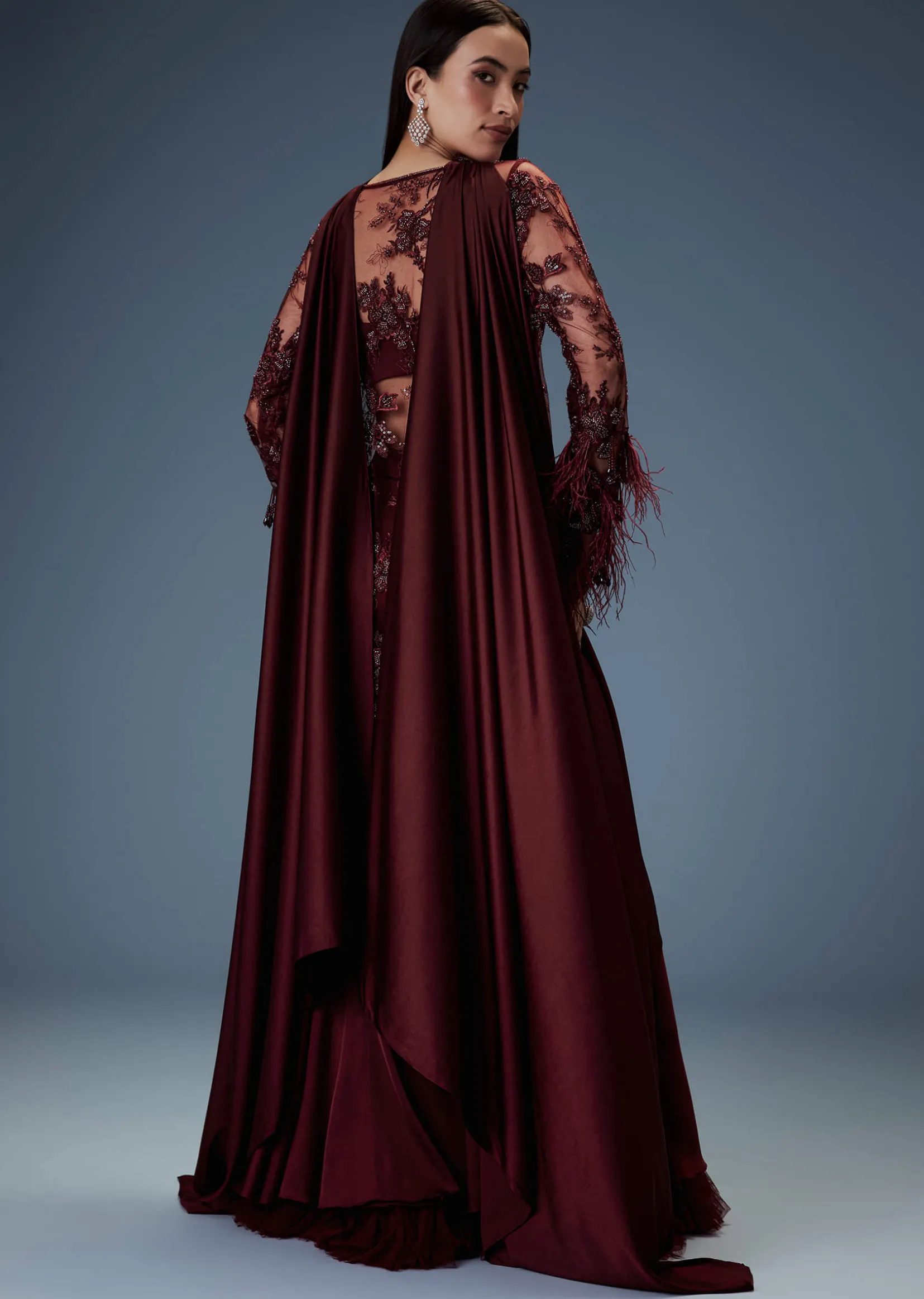 Deep Red Satin Dual Layer Gathered Sharara With Feather Sleeves Jacket And Bustier