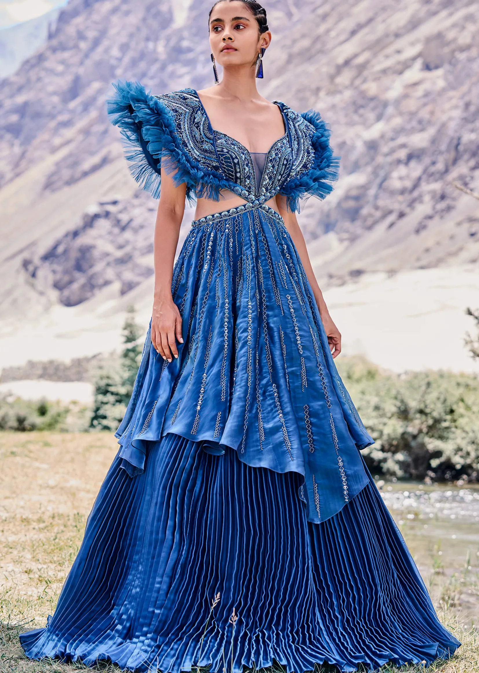 Deep Teal Blue Embroidered Layered Flared Gown With Fancy Sleeves
