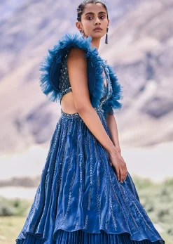 Deep Teal Blue Embroidered Layered Flared Gown With Fancy Sleeves