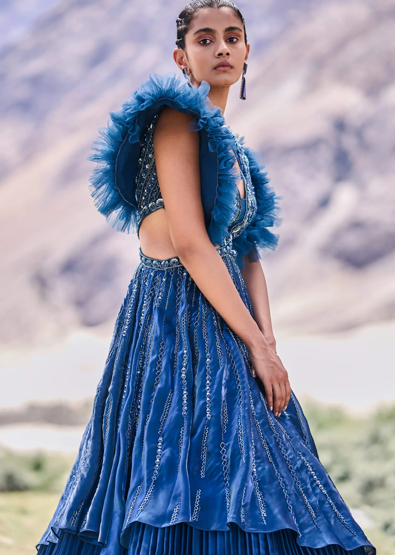 Deep Teal Blue Embroidered Layered Flared Gown With Fancy Sleeves
