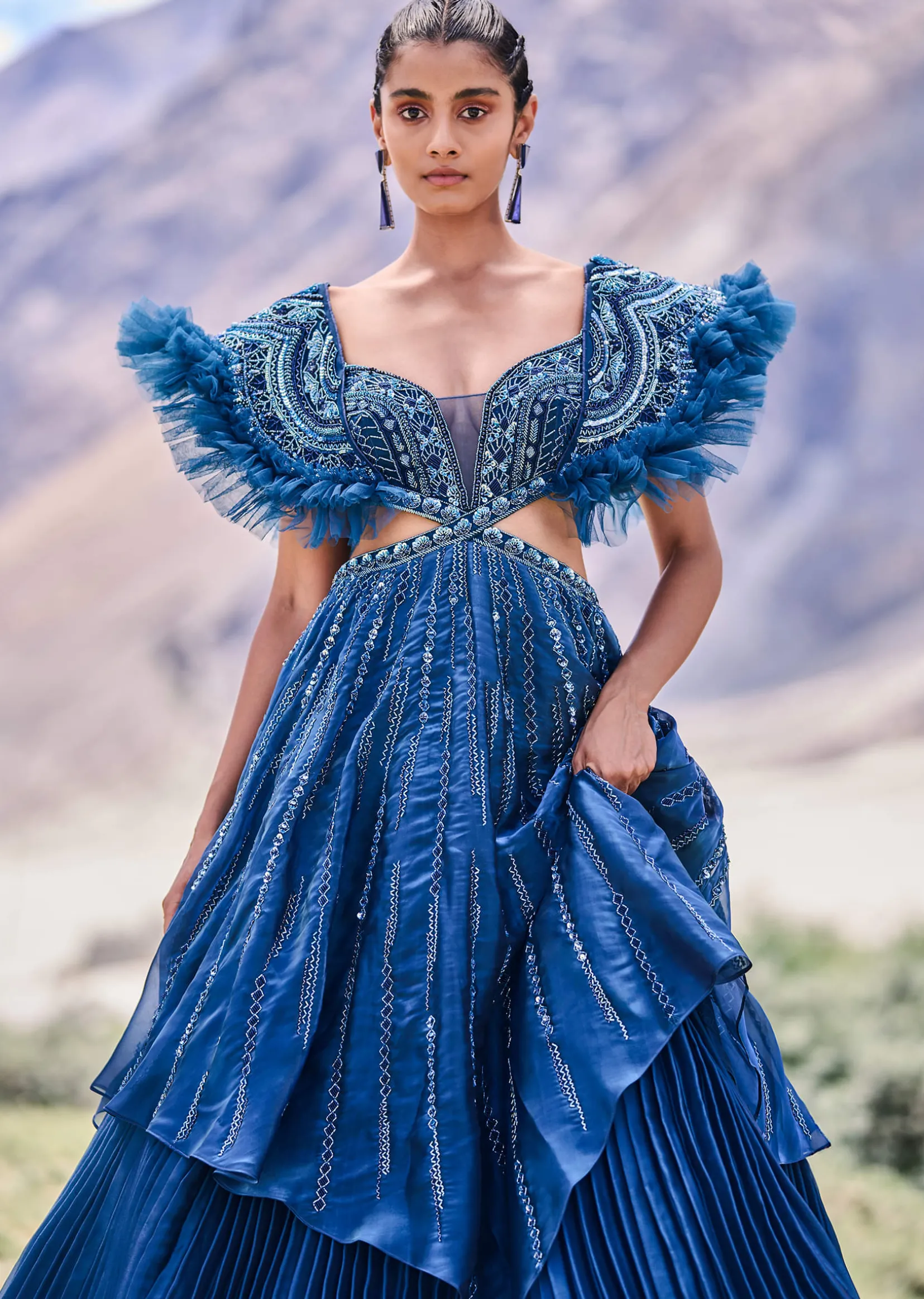Deep Teal Blue Embroidered Layered Flared Gown With Fancy Sleeves