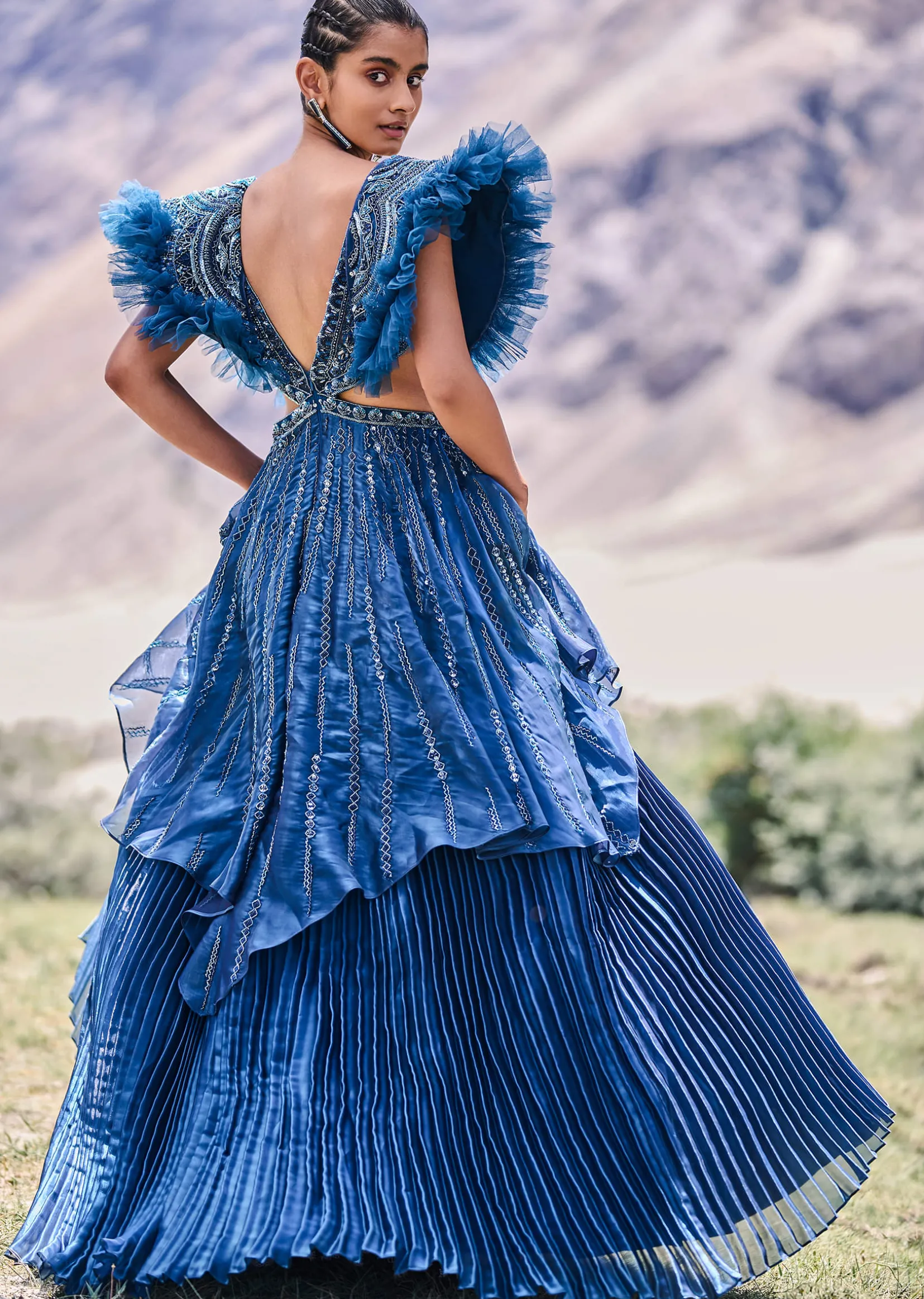 Deep Teal Blue Embroidered Layered Flared Gown With Fancy Sleeves