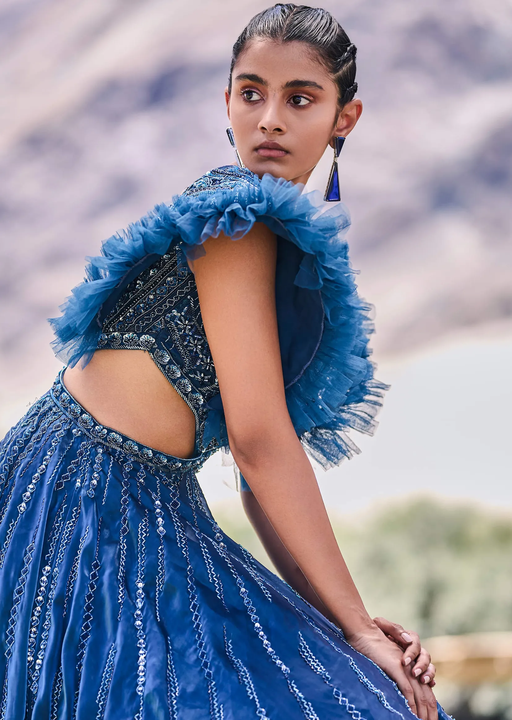 Deep Teal Blue Embroidered Layered Flared Gown With Fancy Sleeves