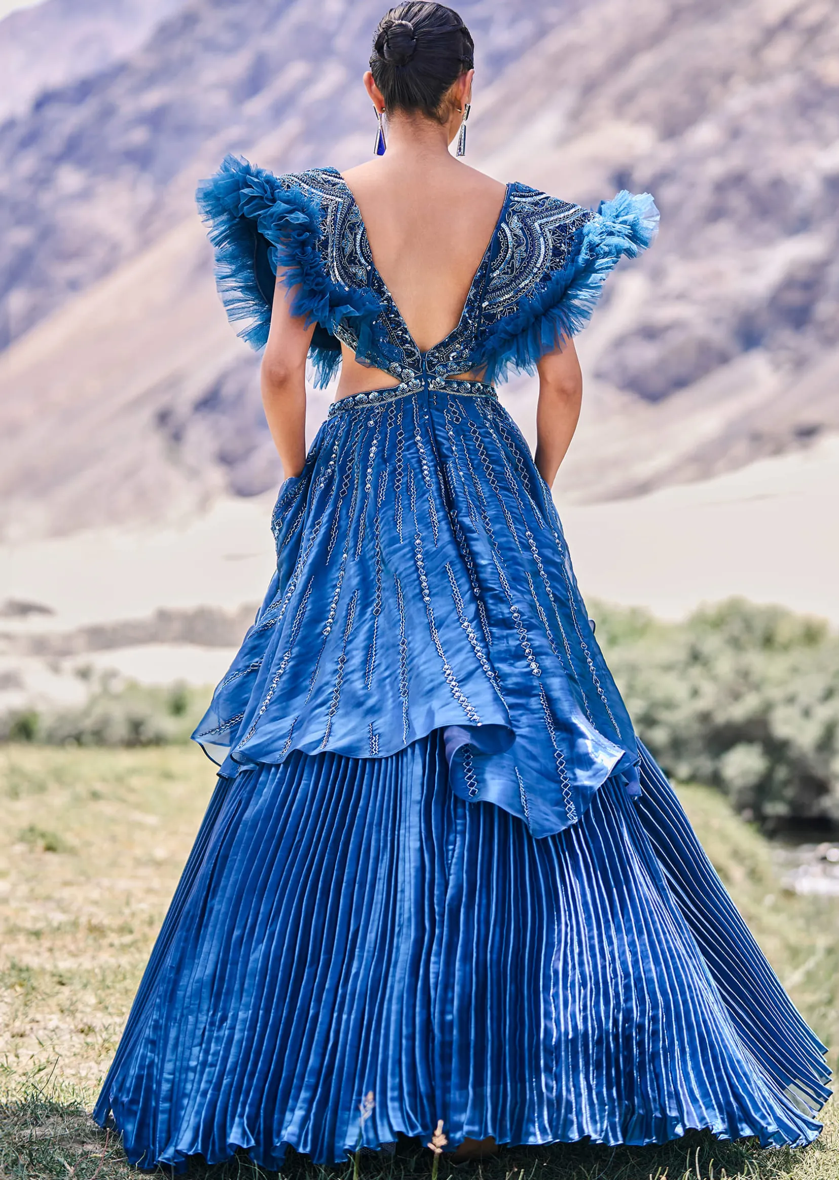 Deep Teal Blue Embroidered Layered Flared Gown With Fancy Sleeves