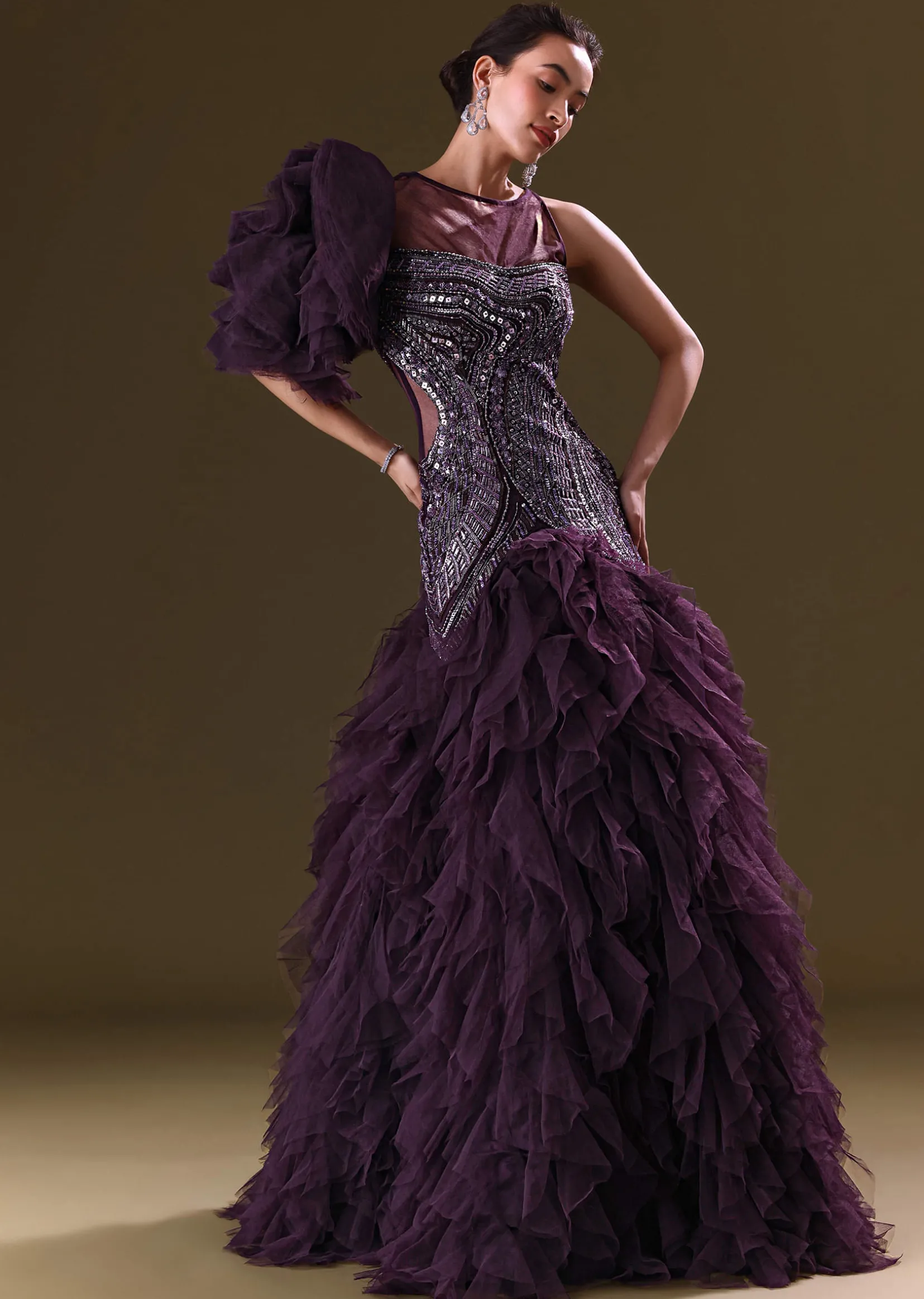 Deep Violet Mermaid Fit Asymmetric Gown With Ruffle Detailing
