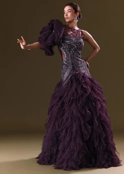 Deep Violet Mermaid Fit Asymmetric Gown With Ruffle Detailing