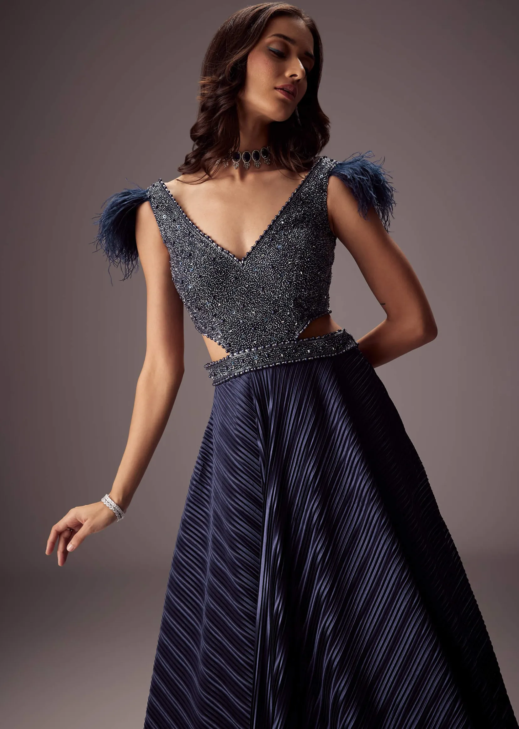 Double Ghera Navy Gown With Feather Accents