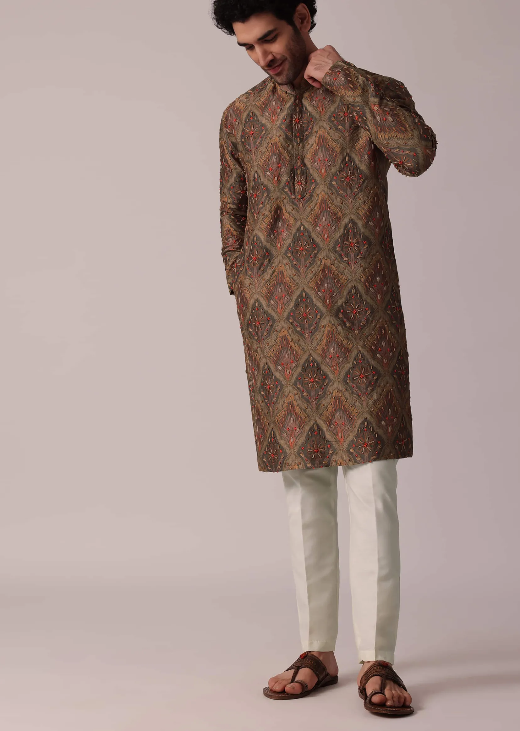 Dusky Brown Festive Silk Kurta Set For Men
