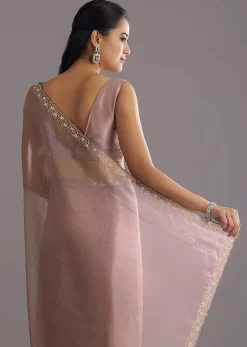 Dusky Lavender Organza Saree With Stones Cutdana Sequins Embroidery