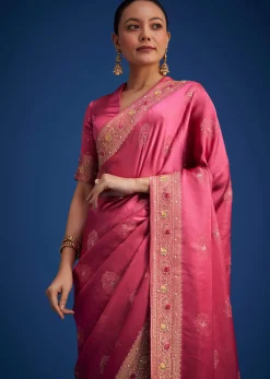 Dusky Orange Dola Silk Saree With Embroidered Border And Pallu