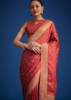 Dusky Orange Tissue Silk Saree With Zari Border And Butti Work