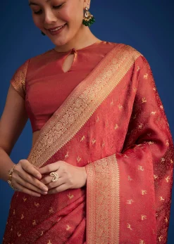 Dusky Orange Tissue Silk Saree With Zari Border And Butti Work