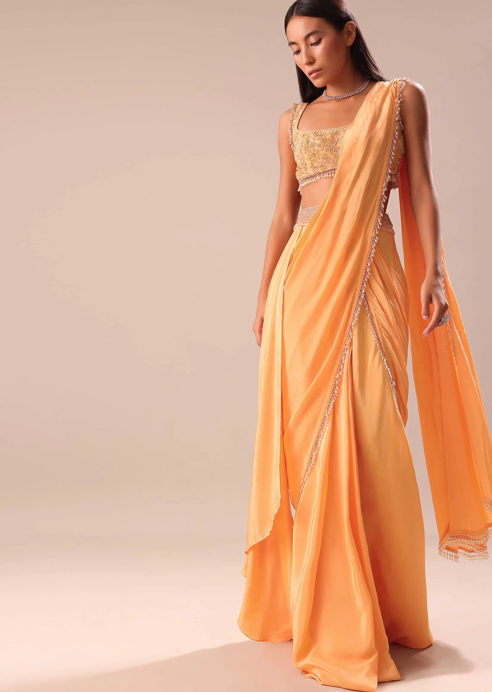 Dusky Peach Pre Stitched Saree With Embroidered Blouse