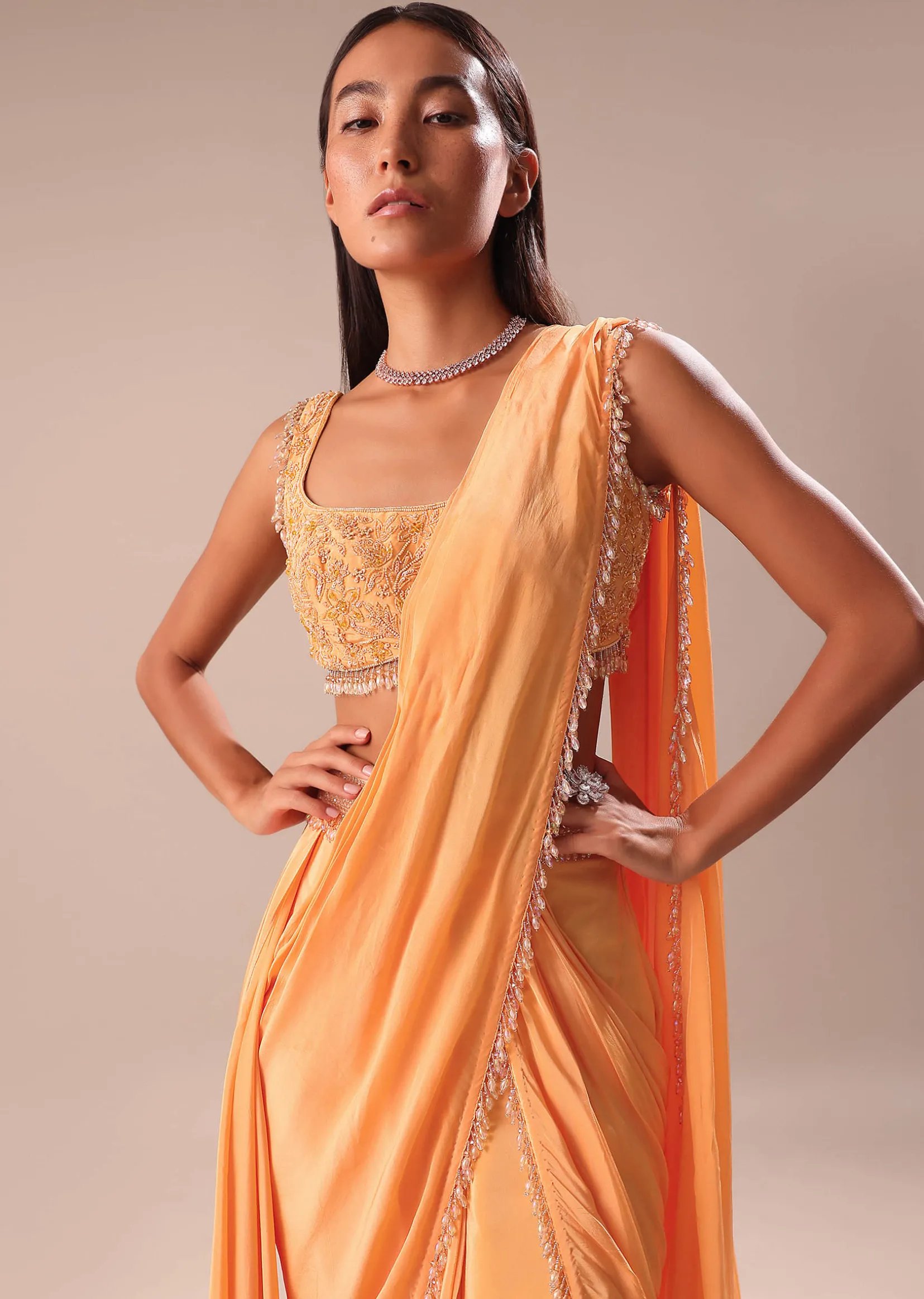 Dusky Peach Pre Stitched Saree With Embroidered Blouse