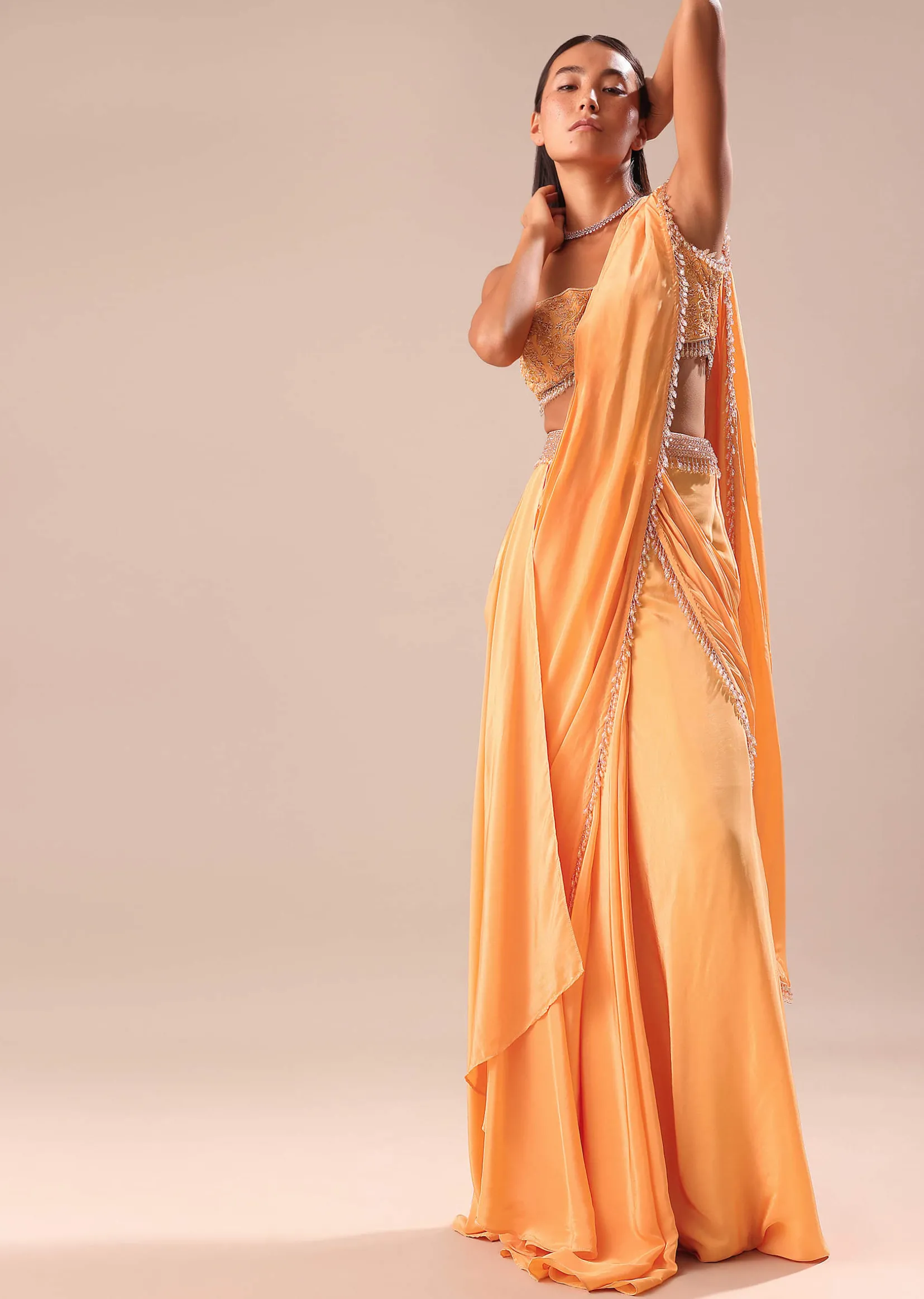 Dusky Peach Pre Stitched Saree With Embroidered Blouse