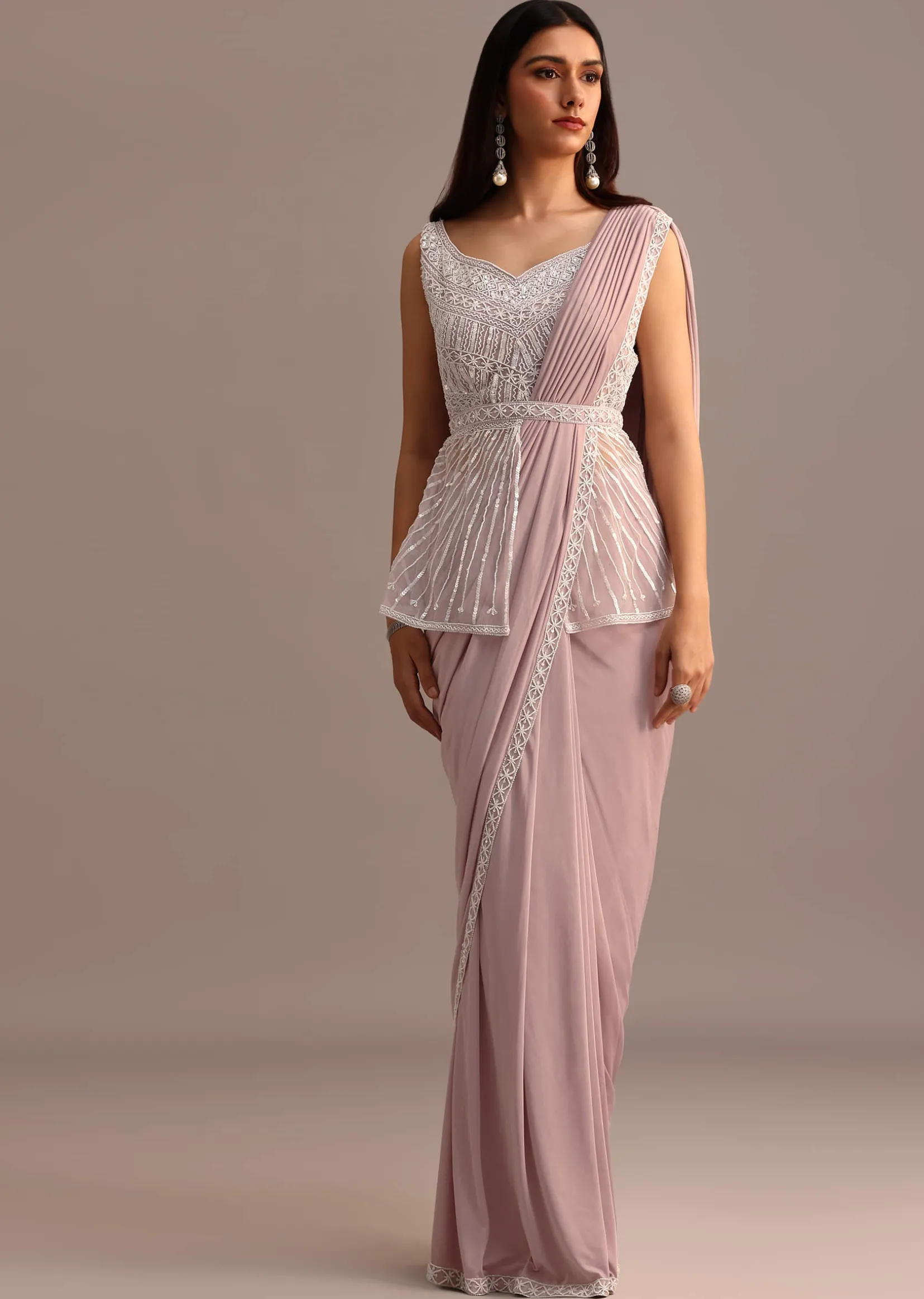 Dusky Pink Ready Pleated Saree With Embroidered Blouse