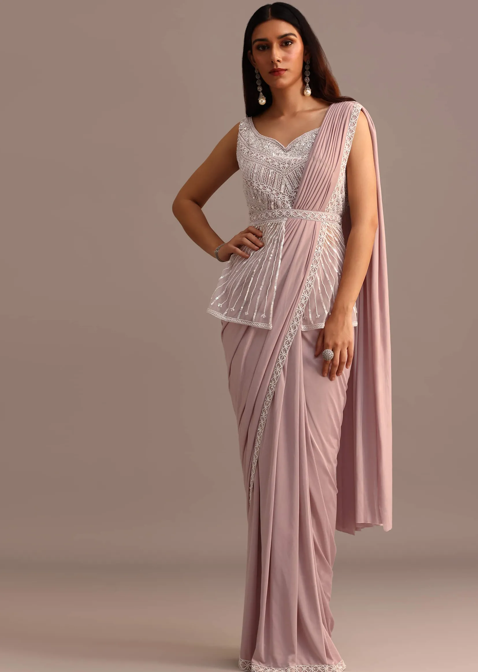 Dusky Pink Ready Pleated Saree With Embroidered Blouse