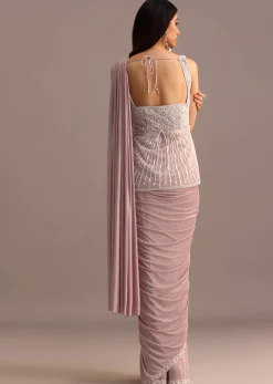 Dusky Pink Ready Pleated Saree With Embroidered Blouse