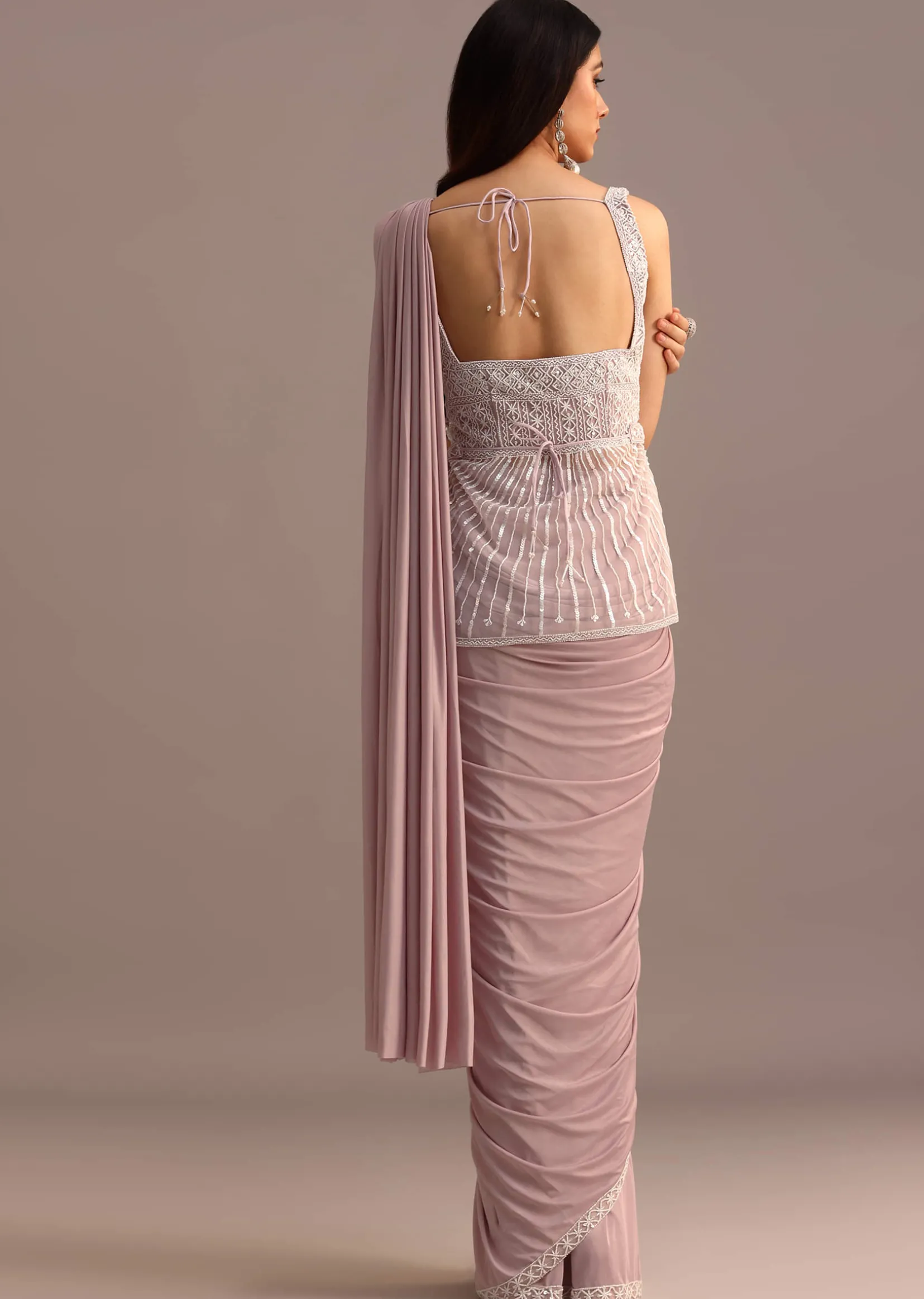 Dusky Pink Ready Pleated Saree With Embroidered Blouse