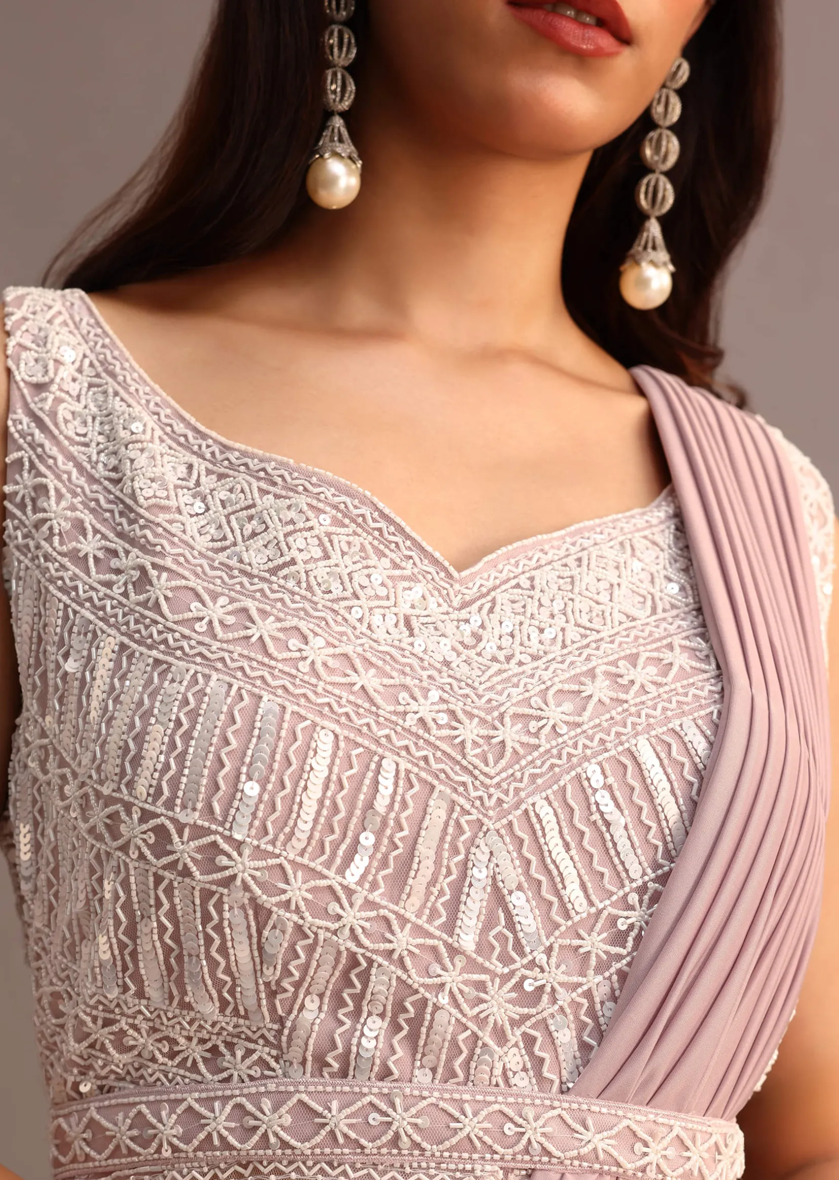 Dusky Pink Ready Pleated Saree With Embroidered Blouse