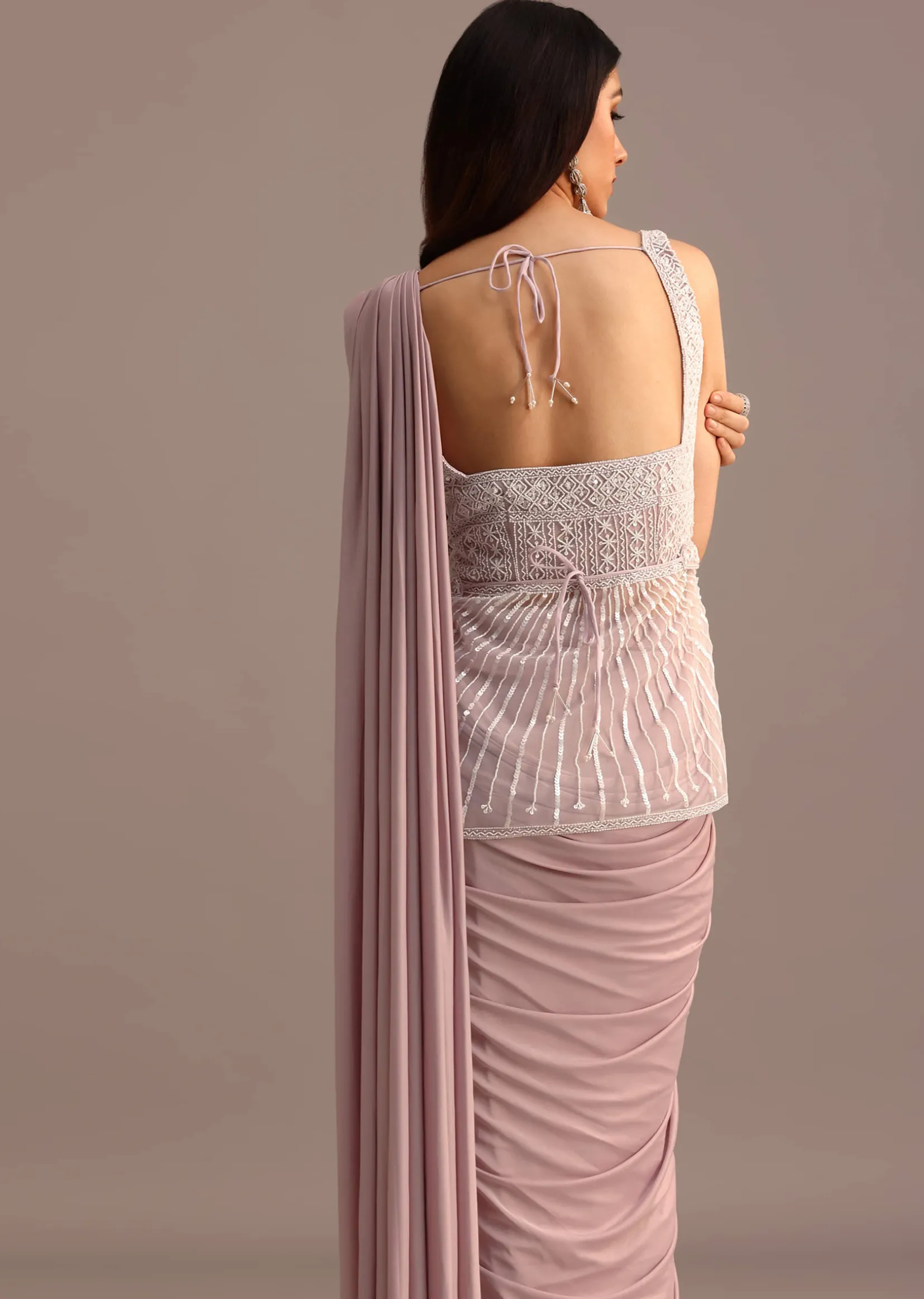 Dusky Pink Ready Pleated Saree With Embroidered Blouse