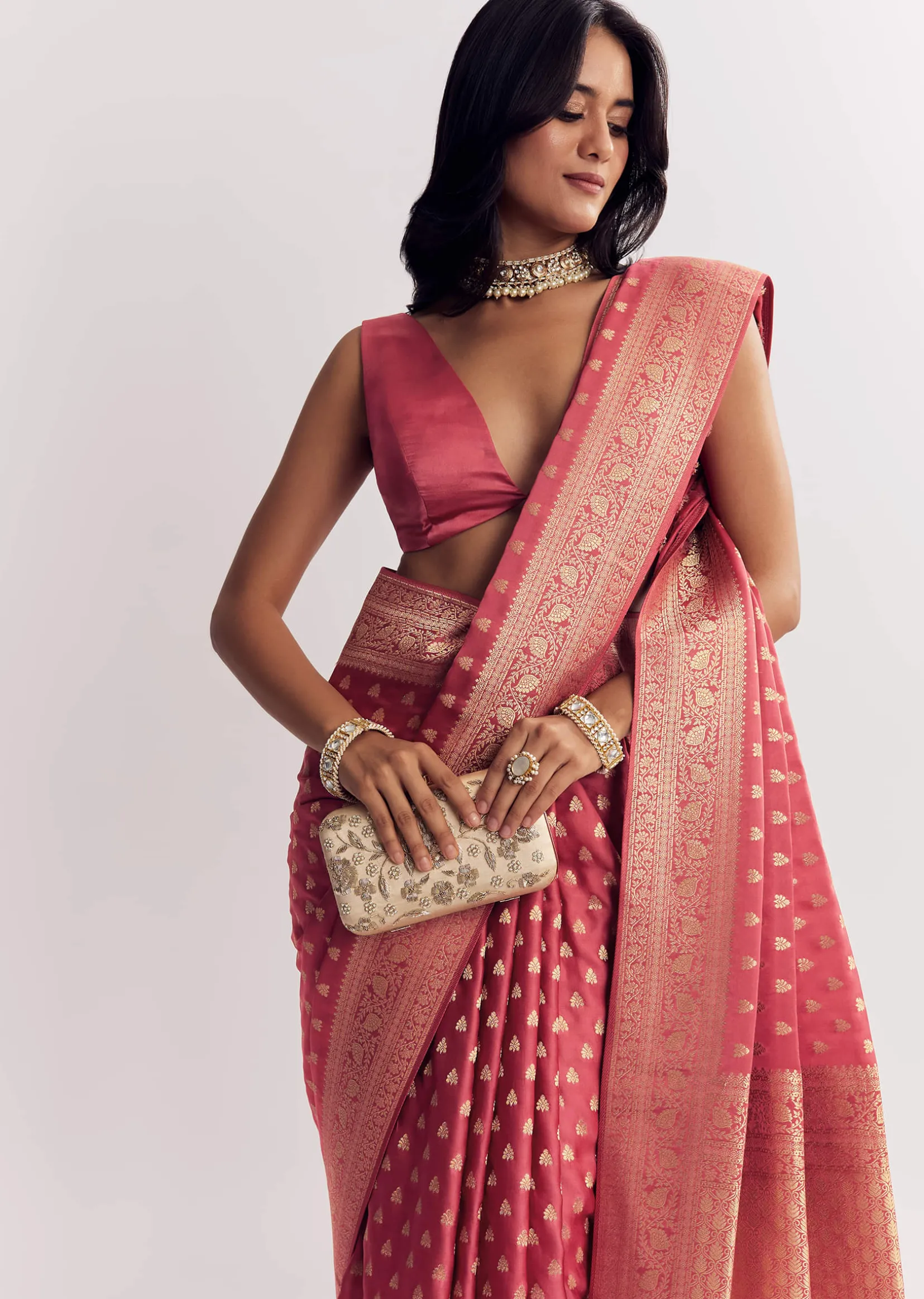 Dusky Pink Silk Saree With Butti And Woven Border