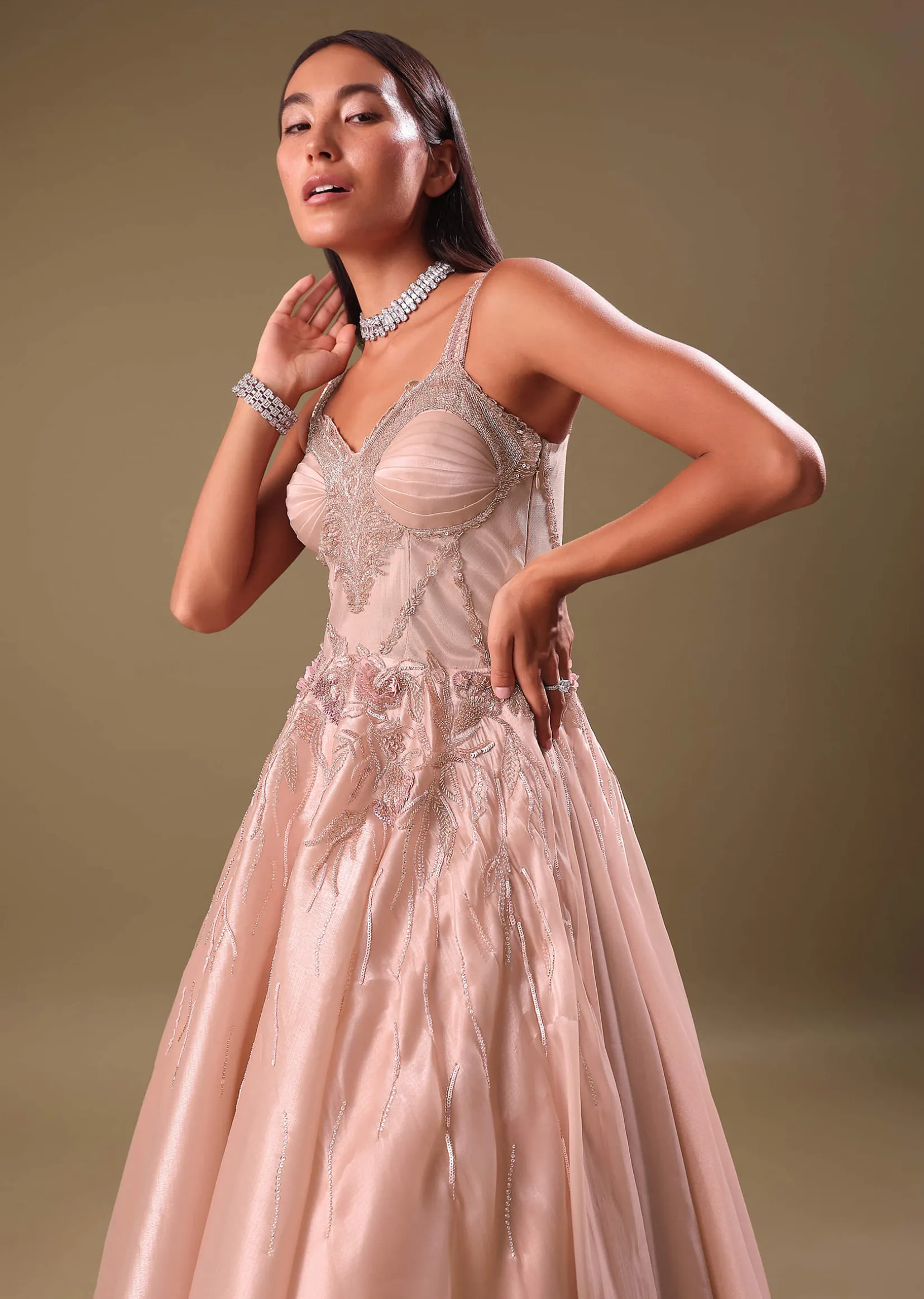 Dust Pink Hand Embroidered Organza Gown