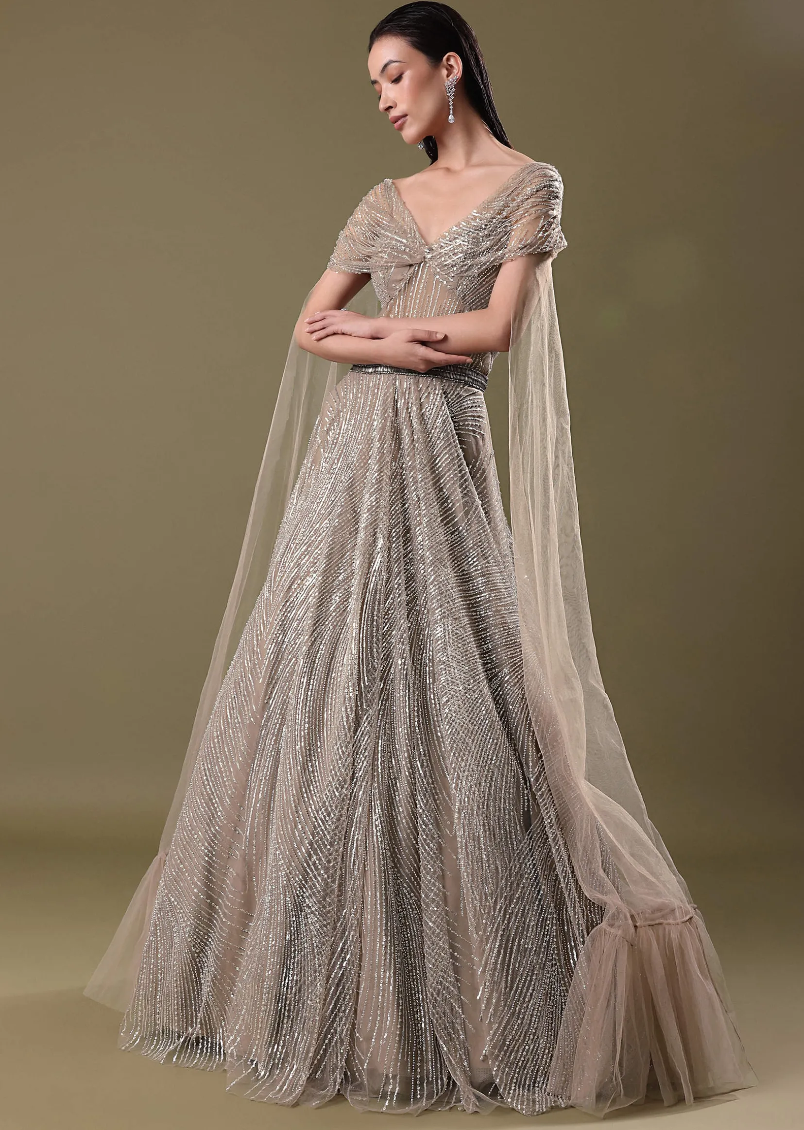 Dusty Beige Embroidered Gown With Cowl Sleeves And Wings