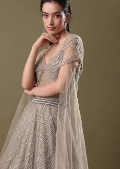 Dusty Beige Embroidered Gown With Cowl Sleeves And Wings