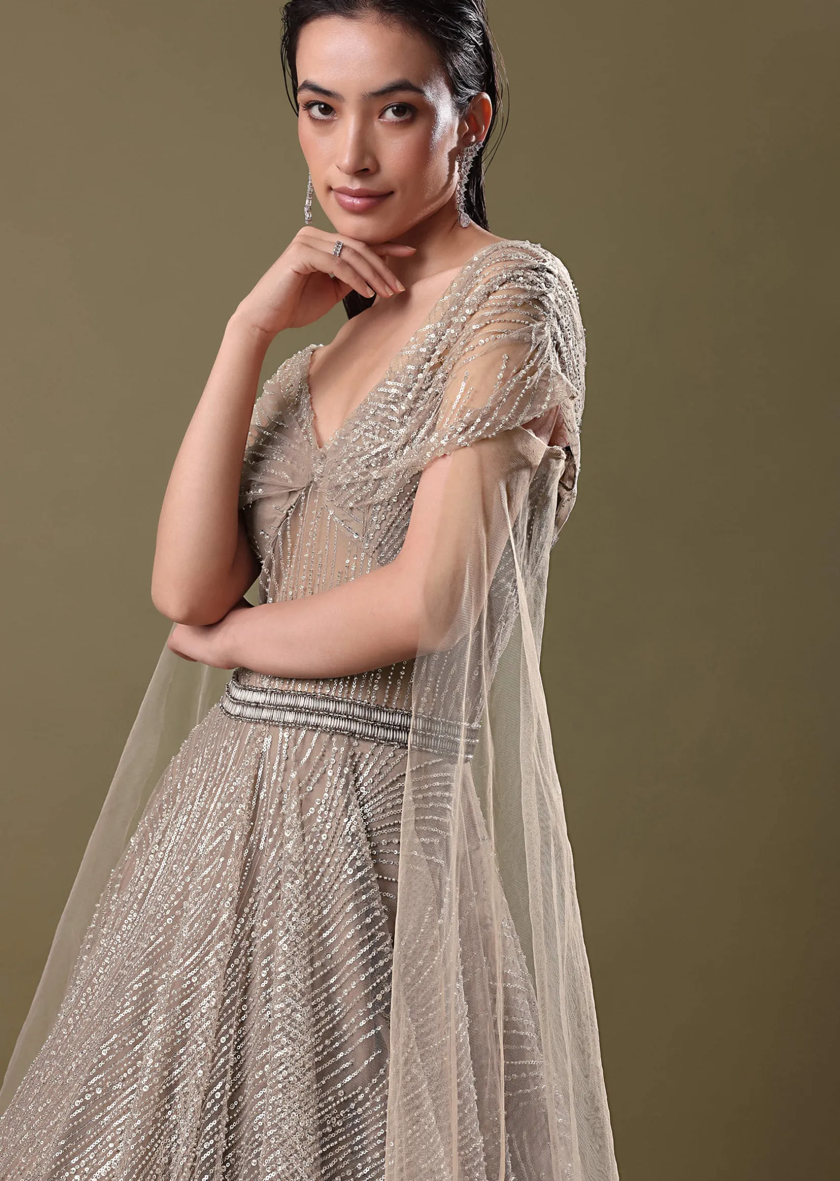 Dusty Beige Embroidered Gown With Cowl Sleeves And Wings