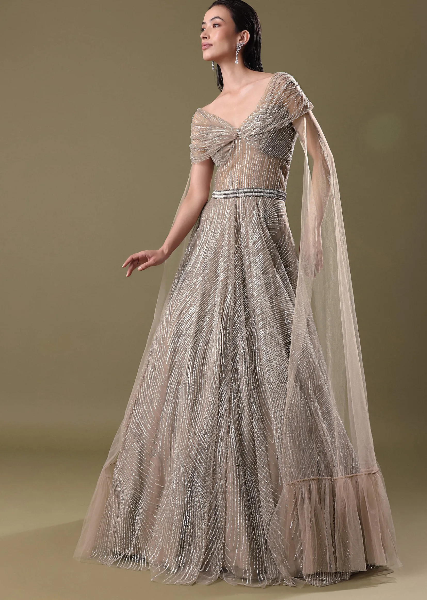 Dusty Beige Embroidered Gown With Cowl Sleeves And Wings