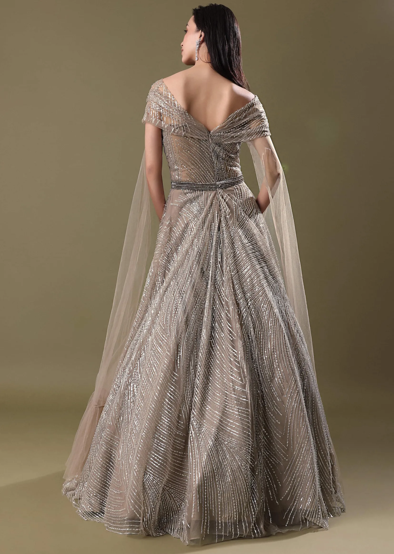 Dusty Beige Embroidered Gown With Cowl Sleeves And Wings