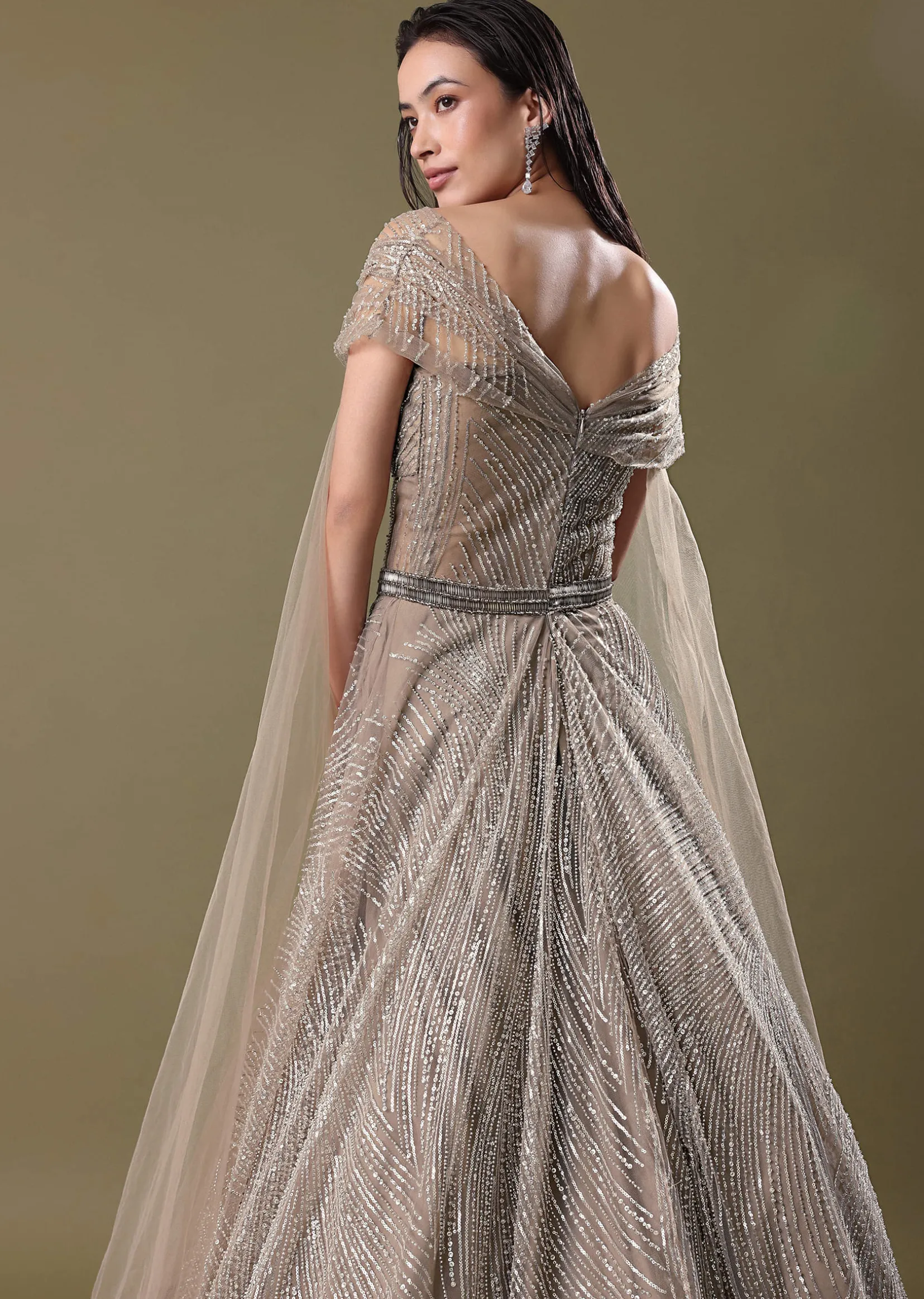 Dusty Beige Embroidered Gown With Cowl Sleeves And Wings