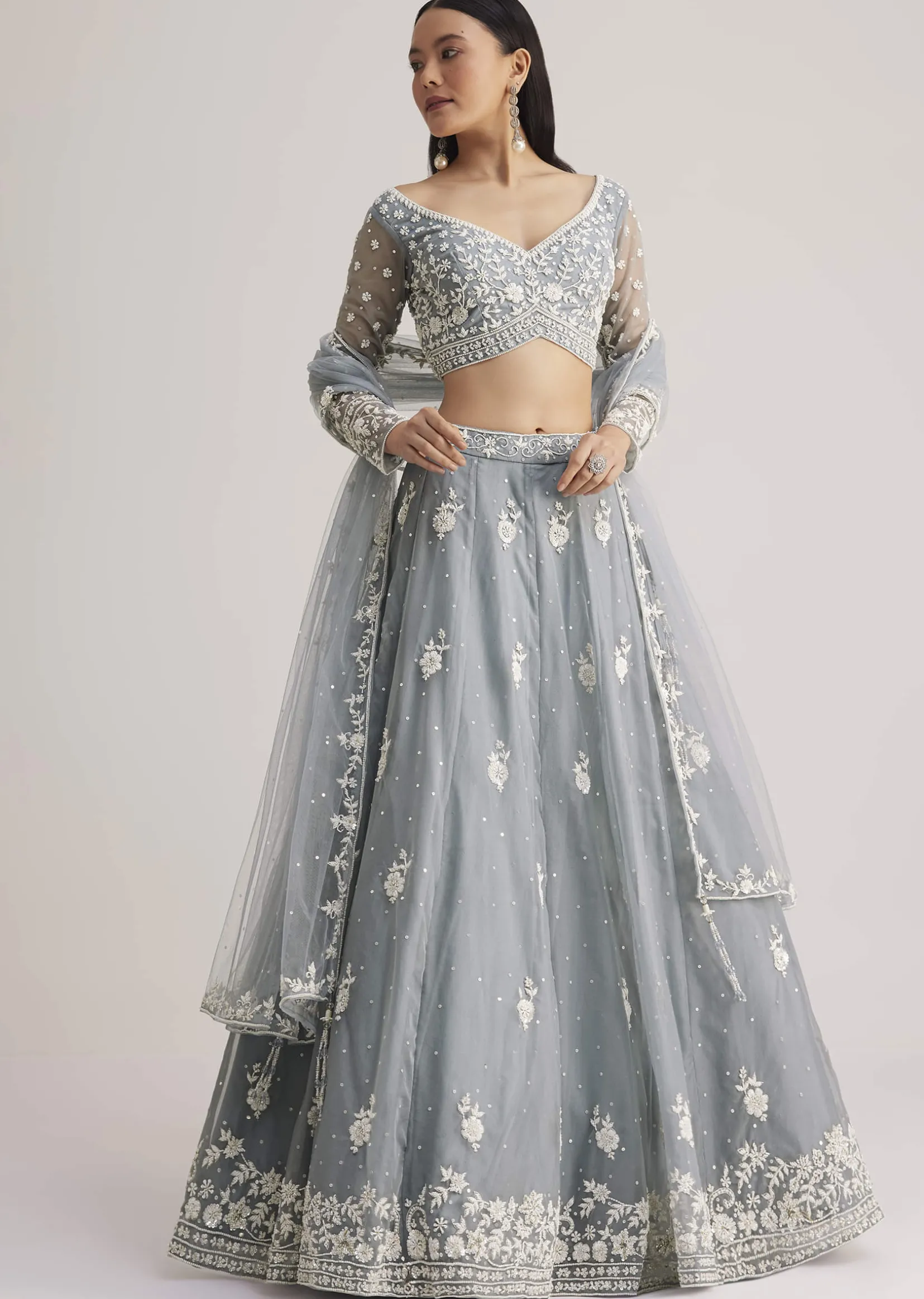 Dusty Blue Embroidered Lehenga Set With Sheer Dupatta