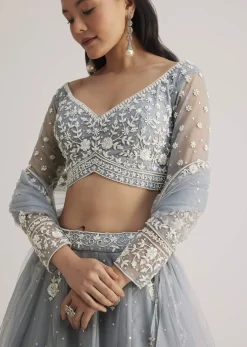 Dusty Blue Embroidered Lehenga Set With Sheer Dupatta