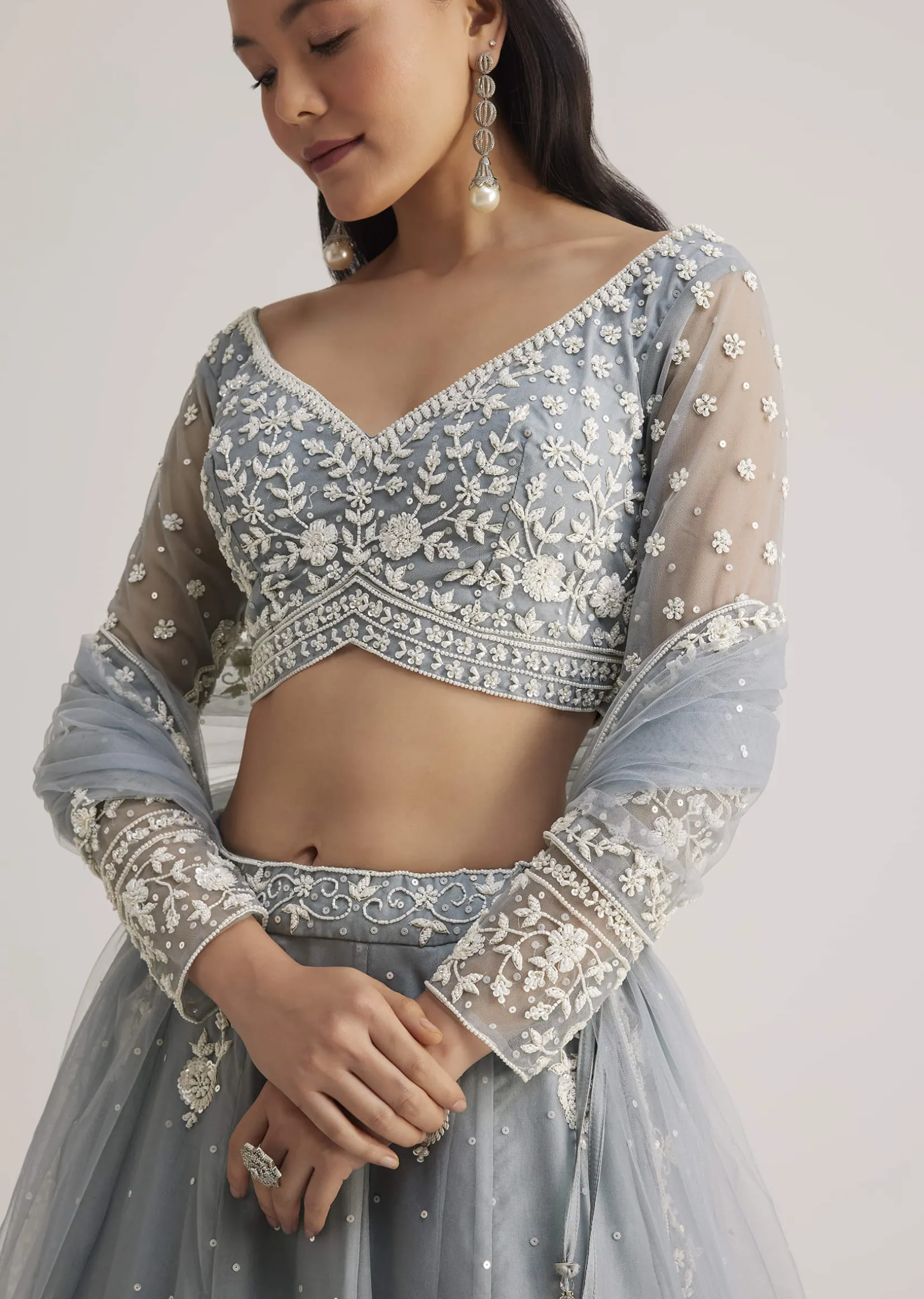 Dusty Blue Embroidered Lehenga Set With Sheer Dupatta