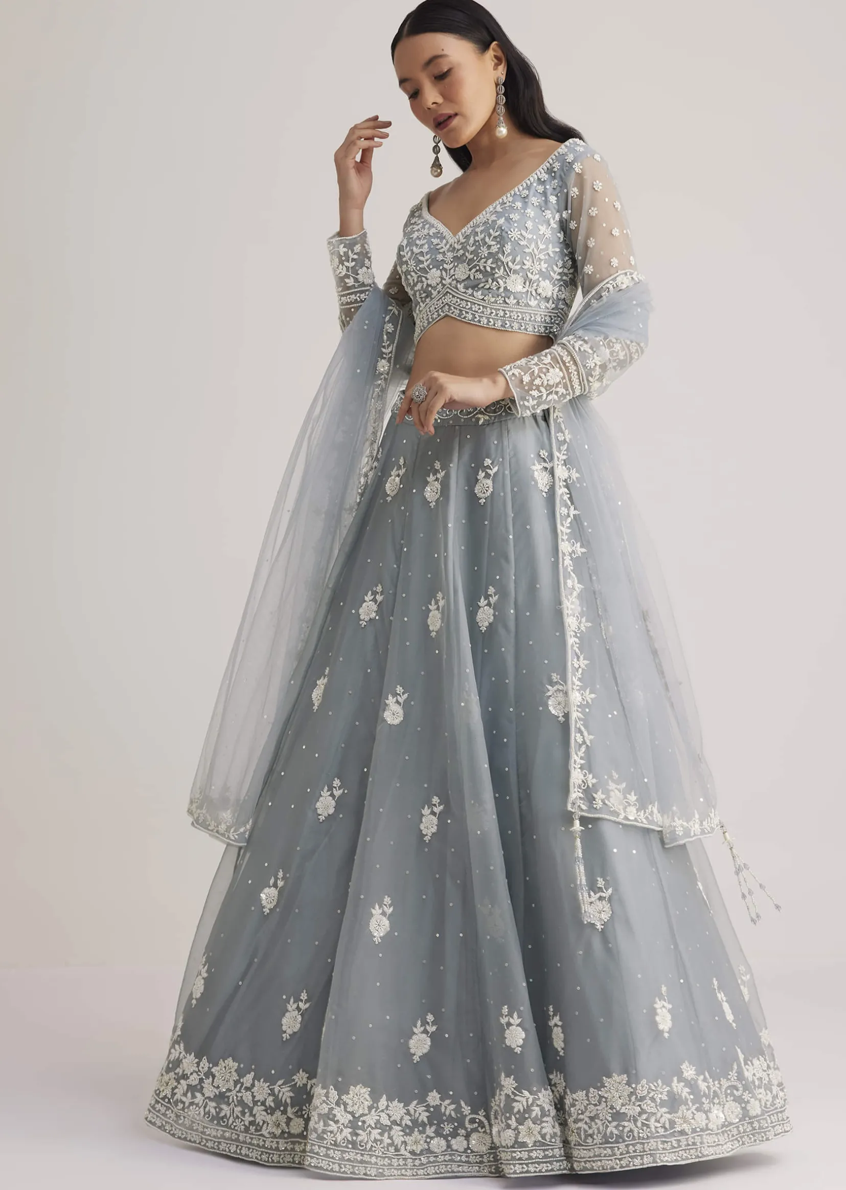 Dusty Blue Embroidered Lehenga Set With Sheer Dupatta