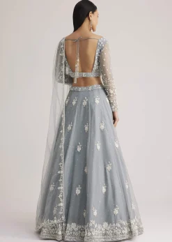 Dusty Blue Embroidered Lehenga Set With Sheer Dupatta