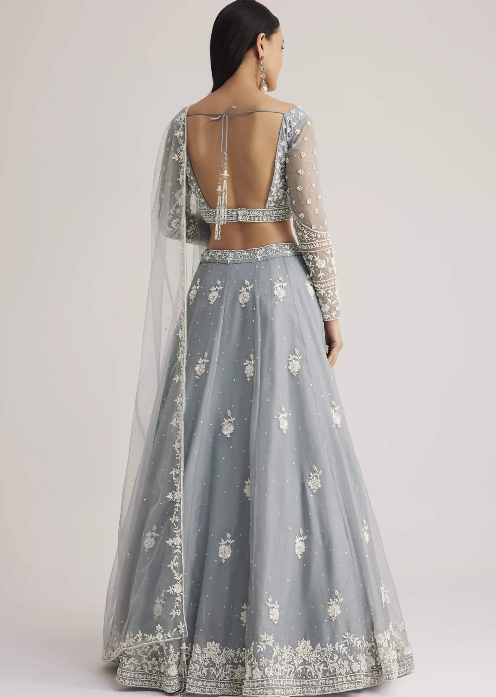 Dusty Blue Embroidered Lehenga Set With Sheer Dupatta