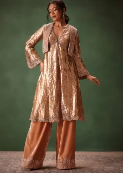 Dusty Brown Brocade Anarkali Style Kurti With Crop Jacket And Straight Flared Pant