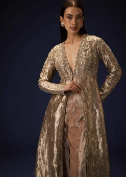 Dusty Brown Brocade Embroidered Long Jacket With Pencil Pant